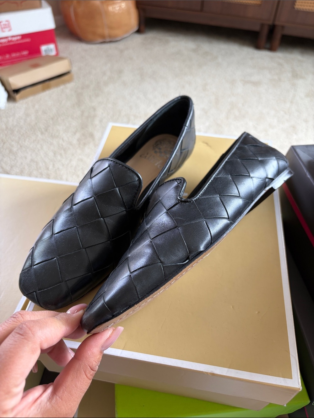 Vince Camuto Black Quilted Pointed Slip-On Loafers